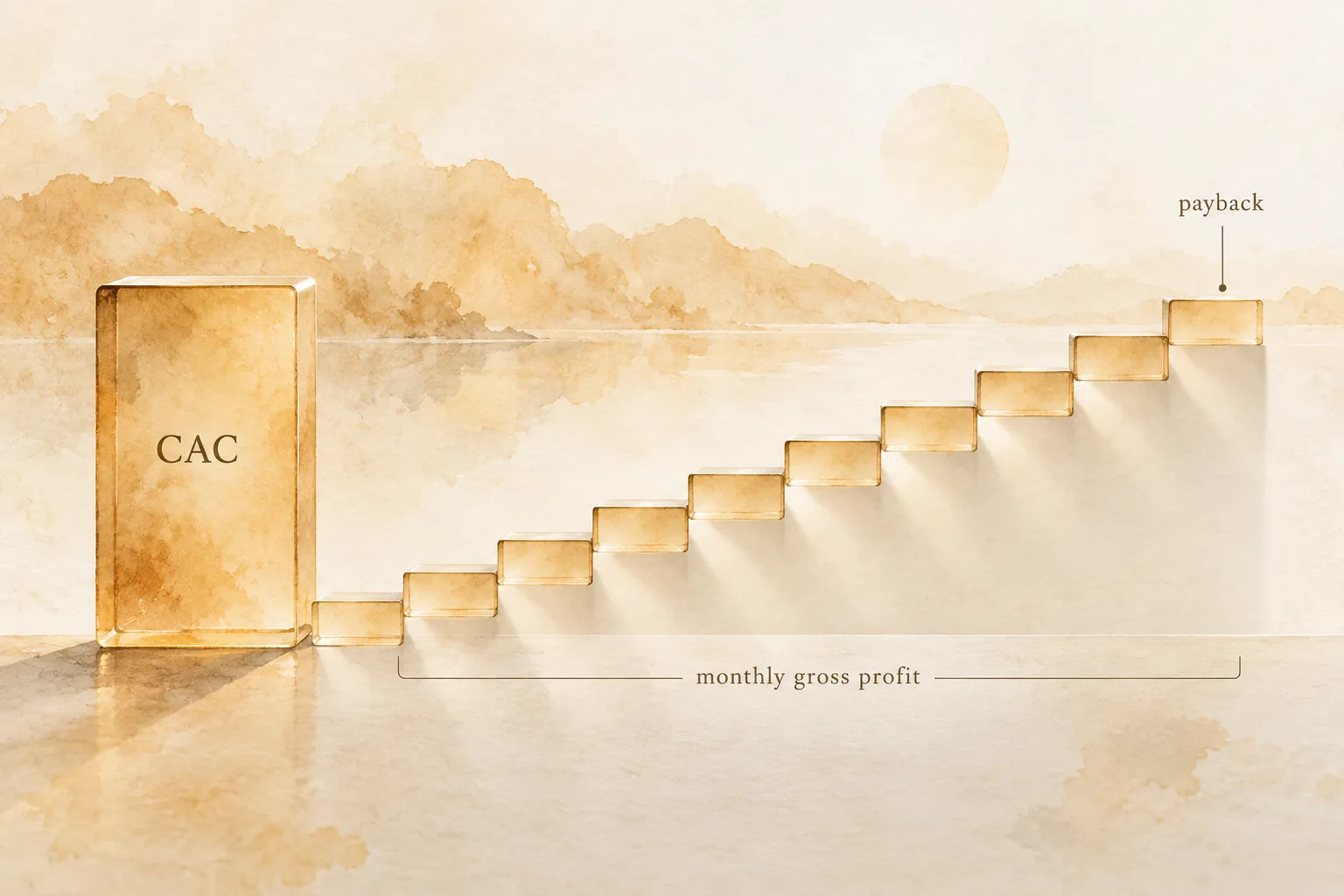 Illustration of an acquisition-cost block being recovered over monthly subscription gross-profit steps