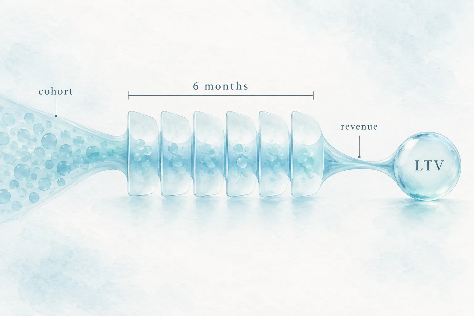 Illustration of a subscription cohort moving through a six-month revenue window to a realized lifetime value calculation