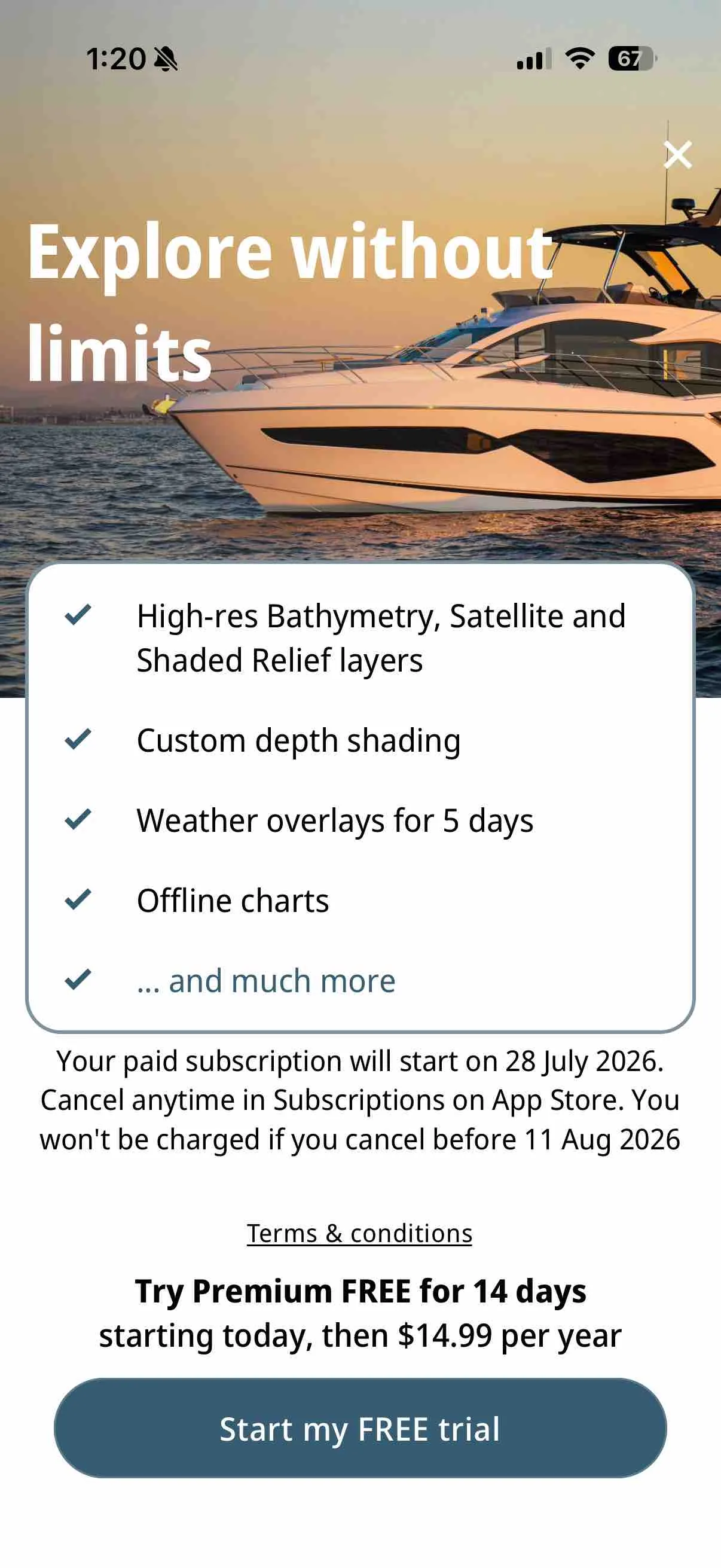 Premium trial paywall that tells the customer to cancel in App Store Subscriptions before the charge date