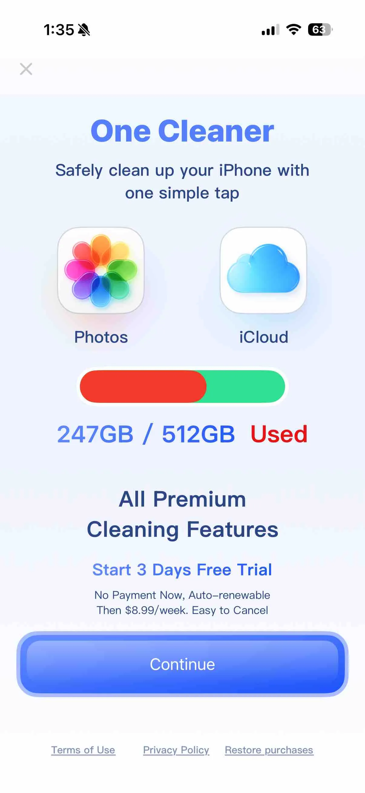 One Cleaner paywall with a Continue CTA, no-payment-now copy, and a Restore purchases link