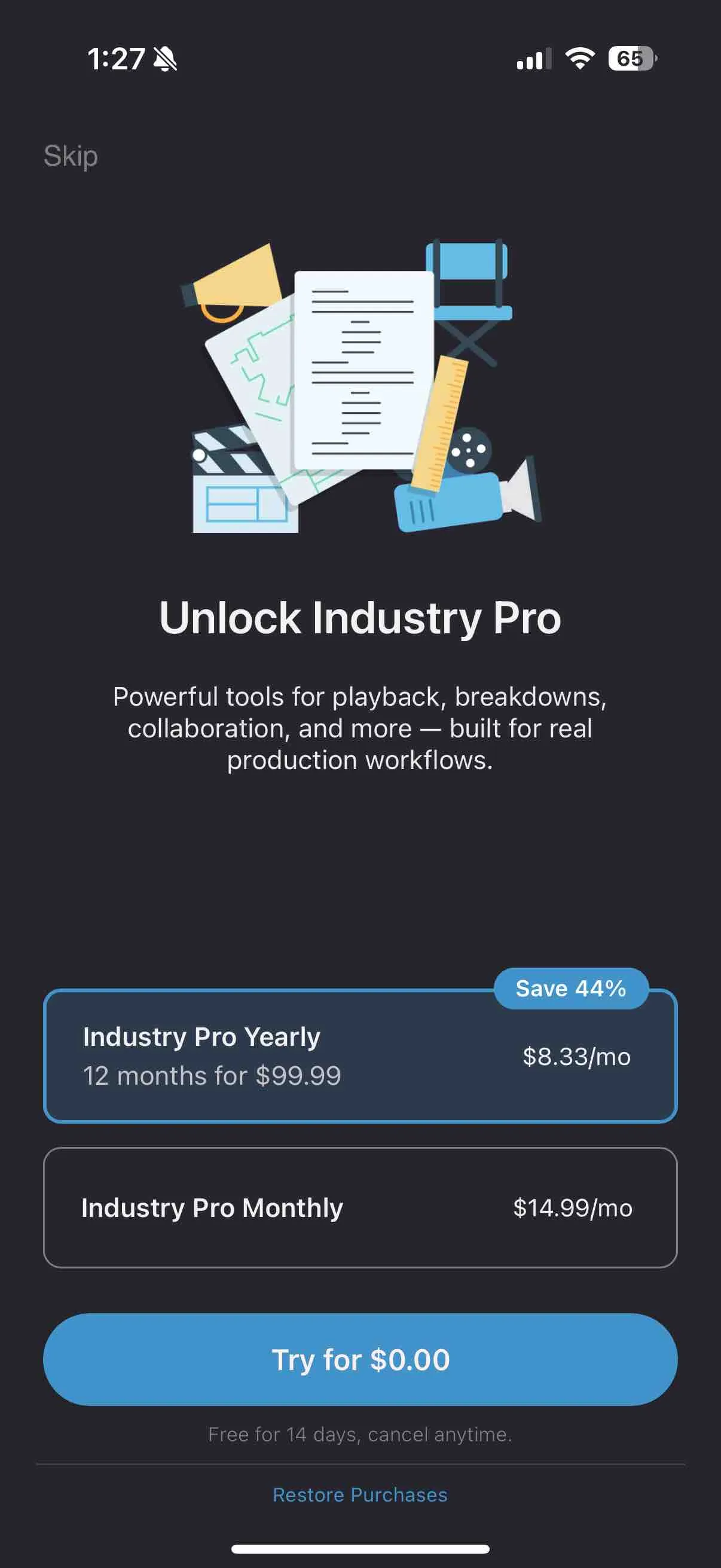 Industry Pro paywall with a Restore Purchases text link under the trial button