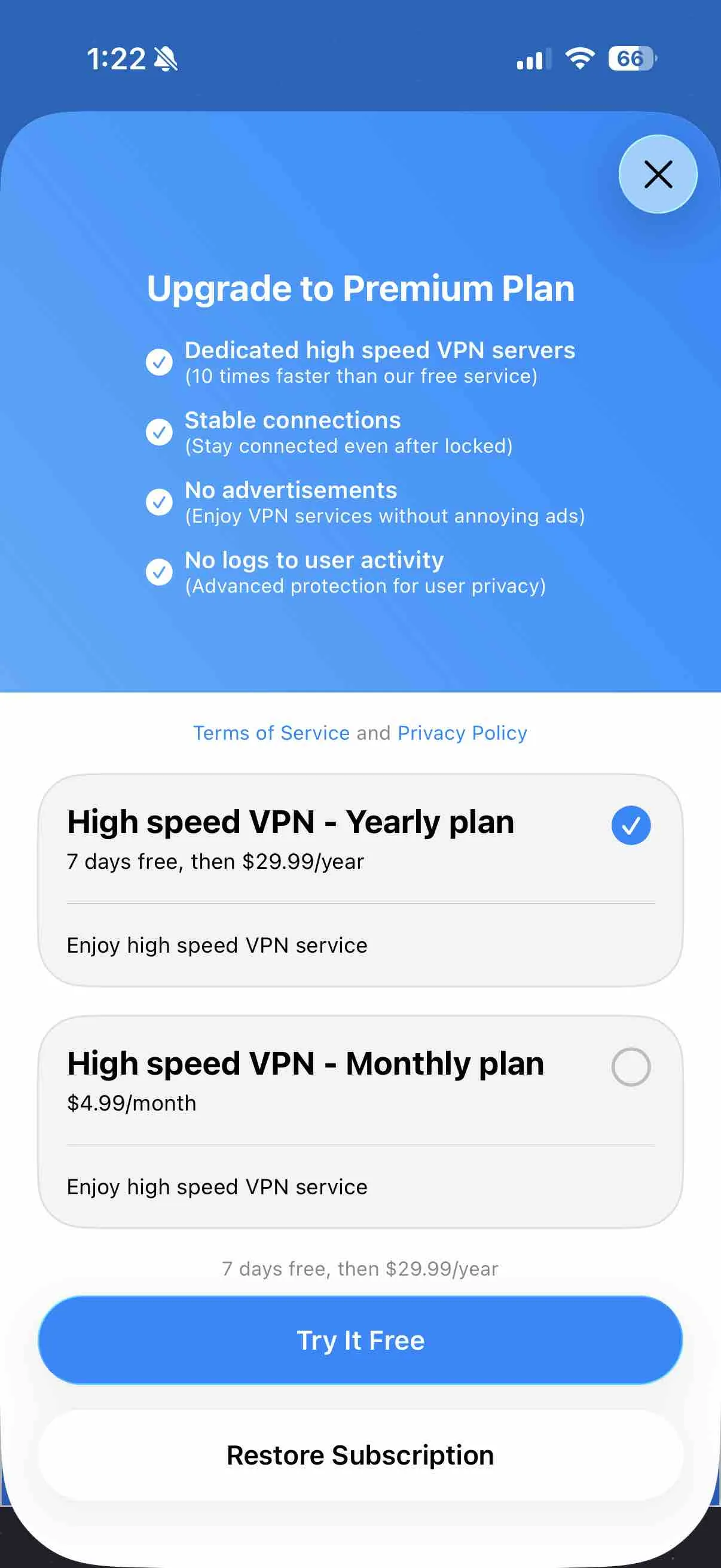 VPN paywall with a Restore Subscription button under the trial CTA