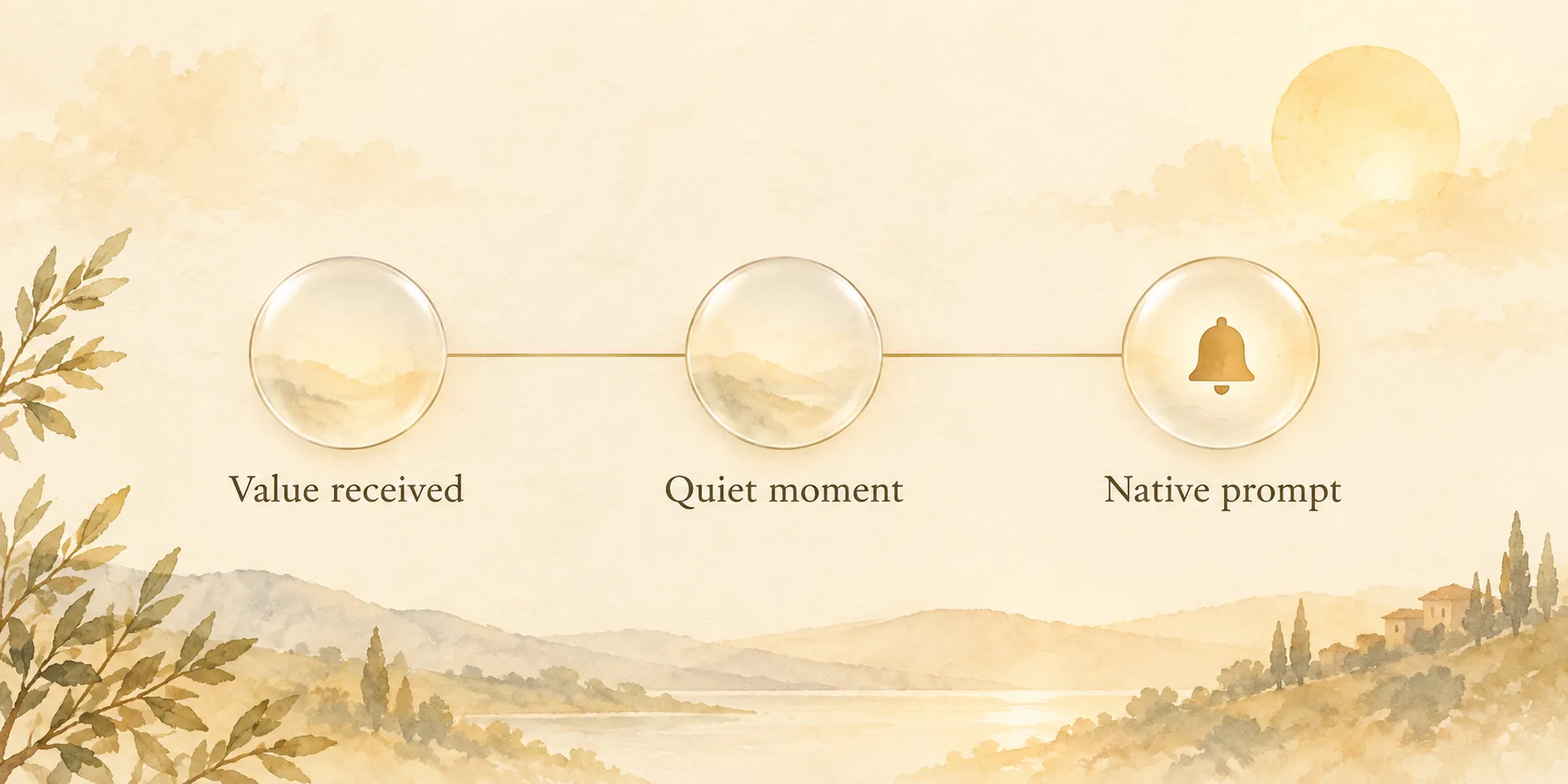 Illustration of value received, a quiet moment, and a native rating prompt